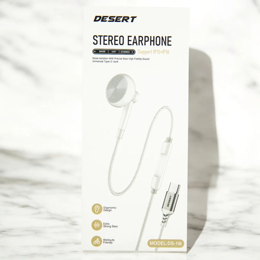 Desert Stereo Earphone with Type-C Connector – Ear Wired Mono Earphone with Mic, Deep Bass, 1.3m Braided Cable, 10mm Speaker Size for iPhone - Damoo