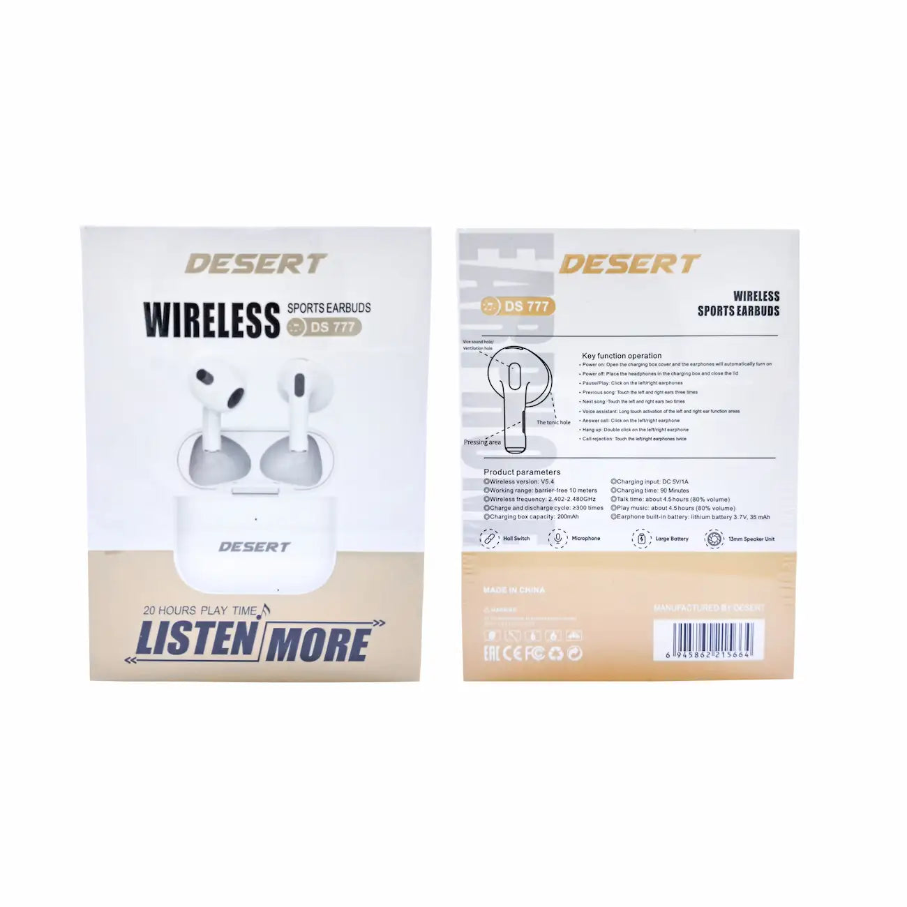 DESERT Wireless Sports Earbuds | 20H Playtime, 13mm Drivers, Built-in Mic, Hall Switch, Bluetooth V5.4, Fast Charging Case - Damoo