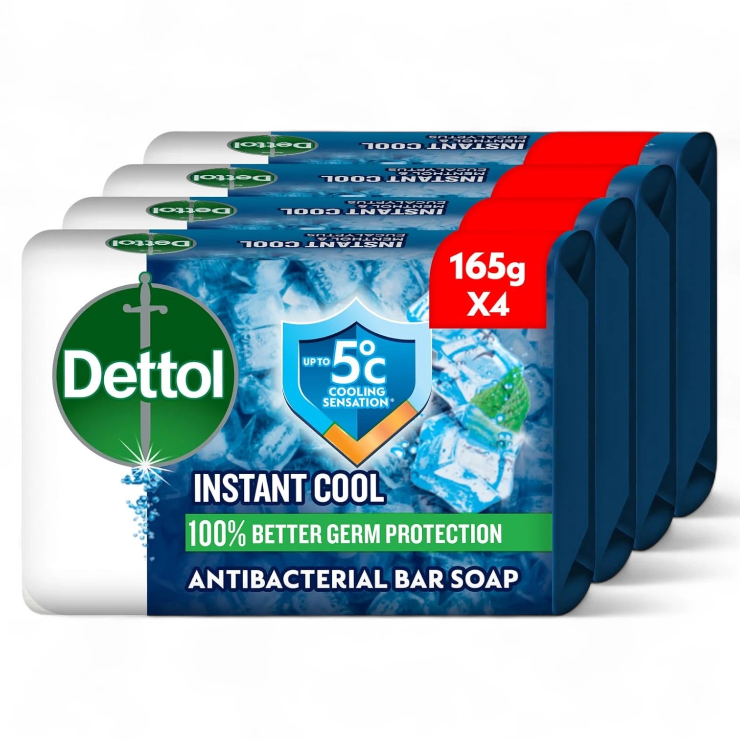 Dettol Cool Antibacterial Bathing Soap 165g x 4 Bars – 100% Germ Protection with Menthol & Eucalyptus Scent - Damoo