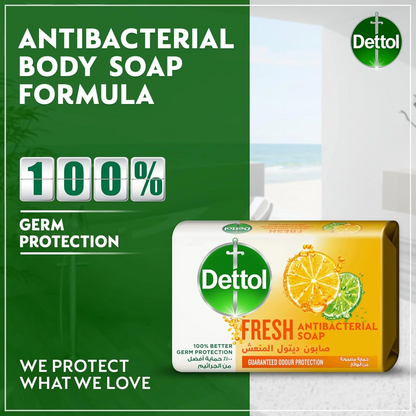 Dettol Fresh Antibacterial Bathing Soap Bar 165g x 4 Bars – Citrus & Orange Blossom Scent with Moisturizing Glycerine – 100% Germ Protection & Odor Control - Damoo