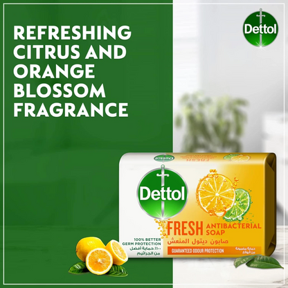 Dettol Fresh Antibacterial Bathing Soap Bar 165g x 4 Bars – Citrus & Orange Blossom Scent with Moisturizing Glycerine – 100% Germ Protection & Odor Control - Damoo