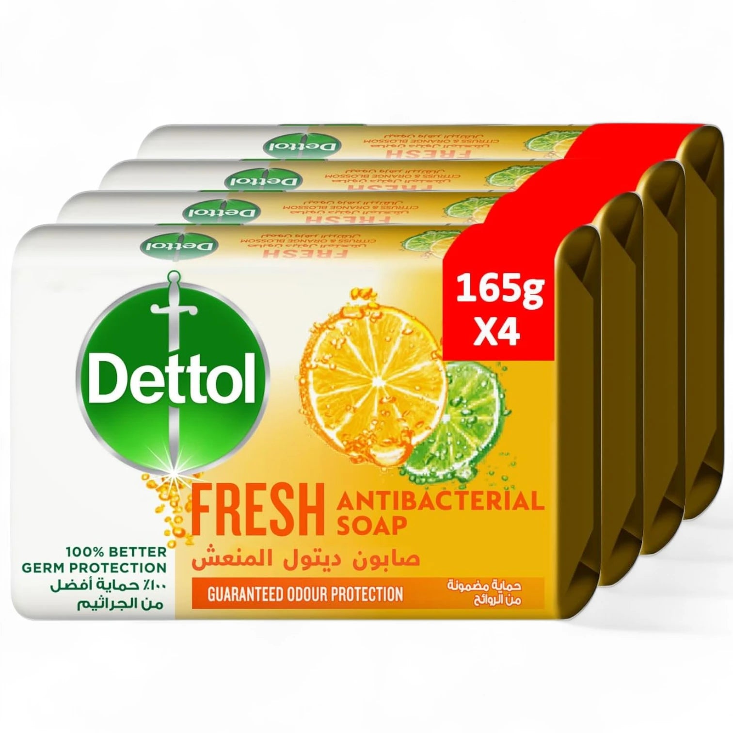 Dettol Fresh Antibacterial Bathing Soap Bar 165g x 4 Bars – Citrus & Orange Blossom Scent with Moisturizing Glycerine – 100% Germ Protection & Odor Control - Damoo