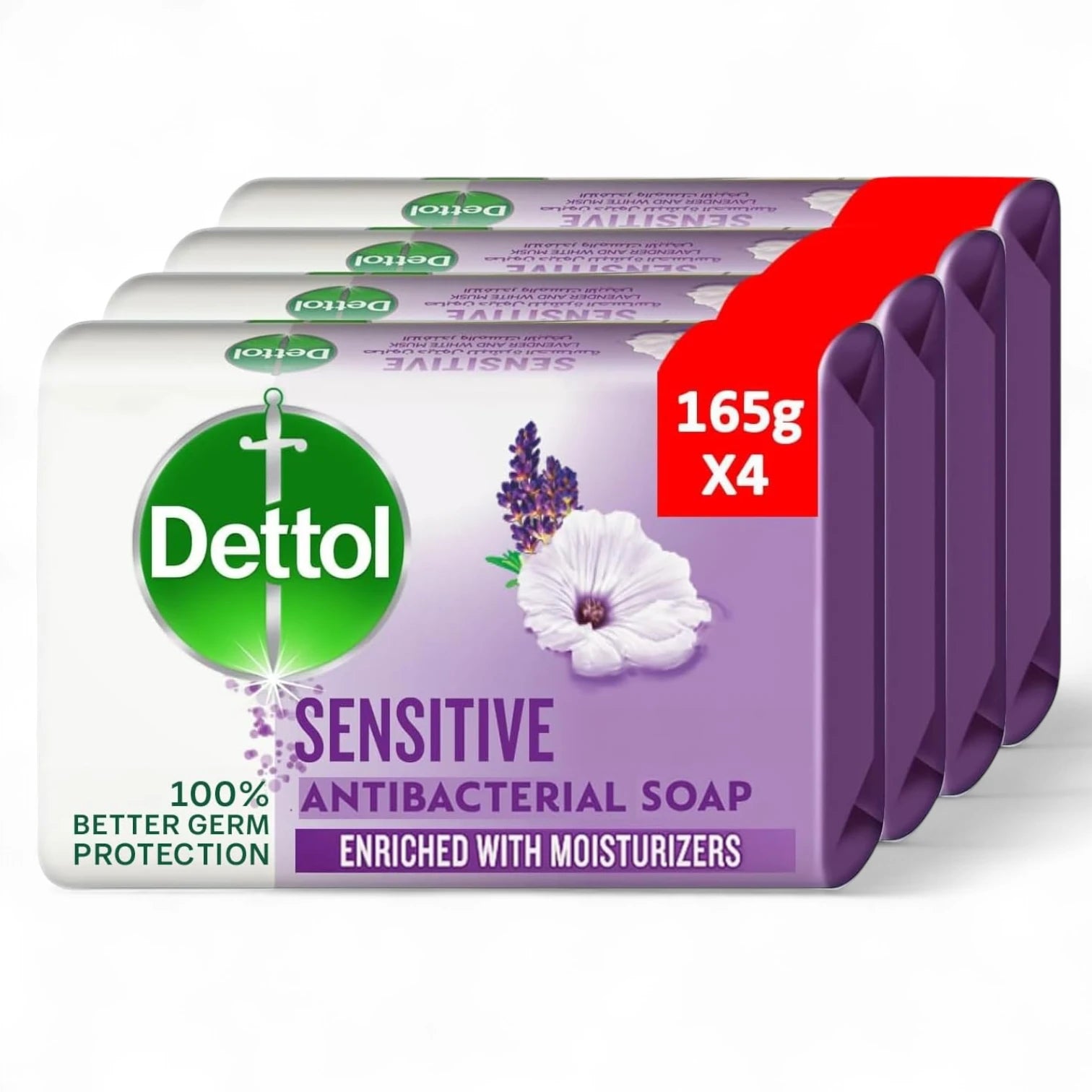 Dettol Sensitive Antibacterial Bathing Soap Bar with Lavender & White Musk 165g x 4 – Enriched with Glycerine – 100% Germ Protection & Skin Moisturization - Damoo