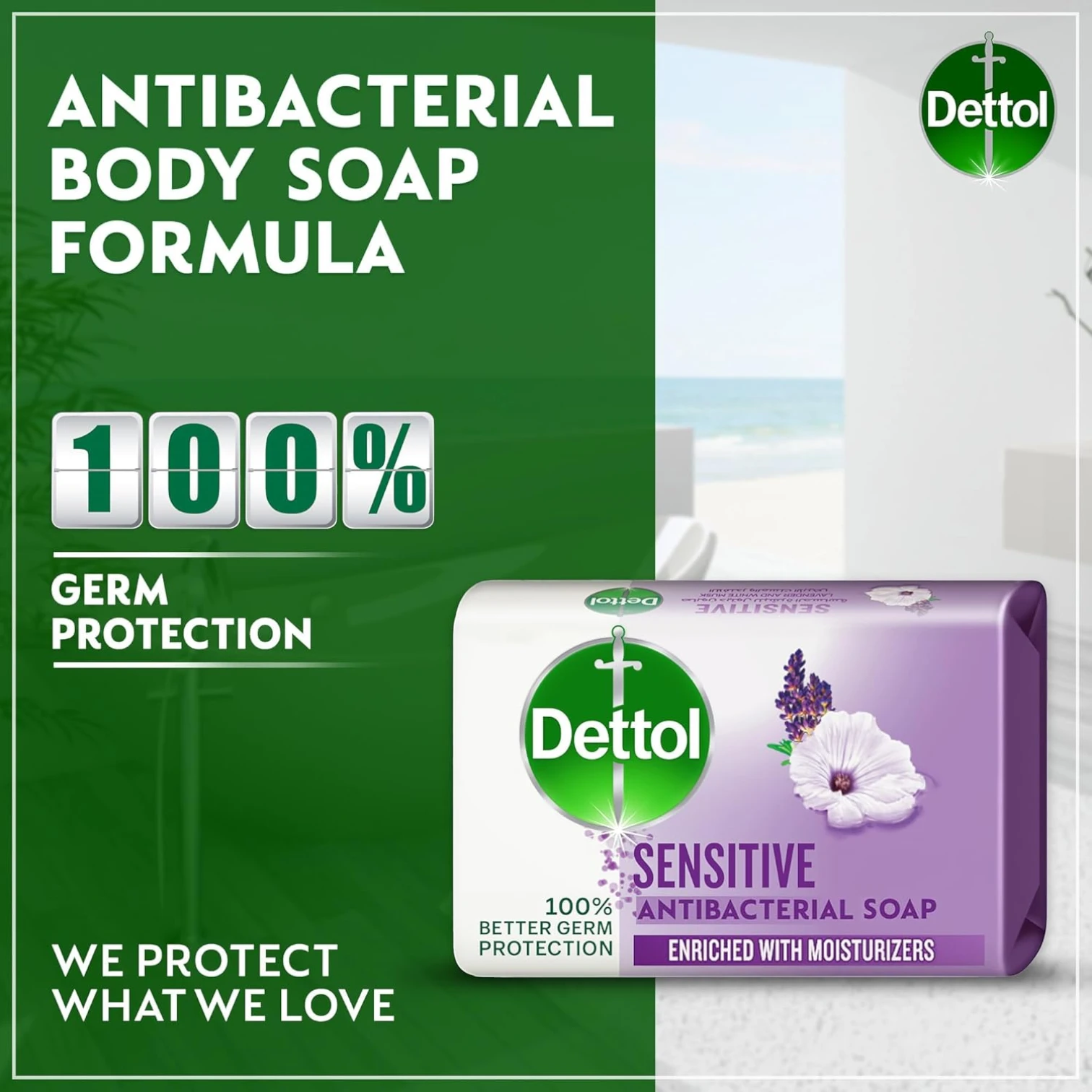 Dettol Sensitive Antibacterial Bathing Soap Bar with Lavender & White Musk 165g x 4 – Enriched with Glycerine – 100% Germ Protection & Skin Moisturization - Damoo