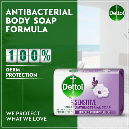 Dettol Sensitive Antibacterial Bathing Soap Bar with Lavender & White Musk 165g x 4 – Enriched with Glycerine – 100% Germ Protection & Skin Moisturization - Damoo