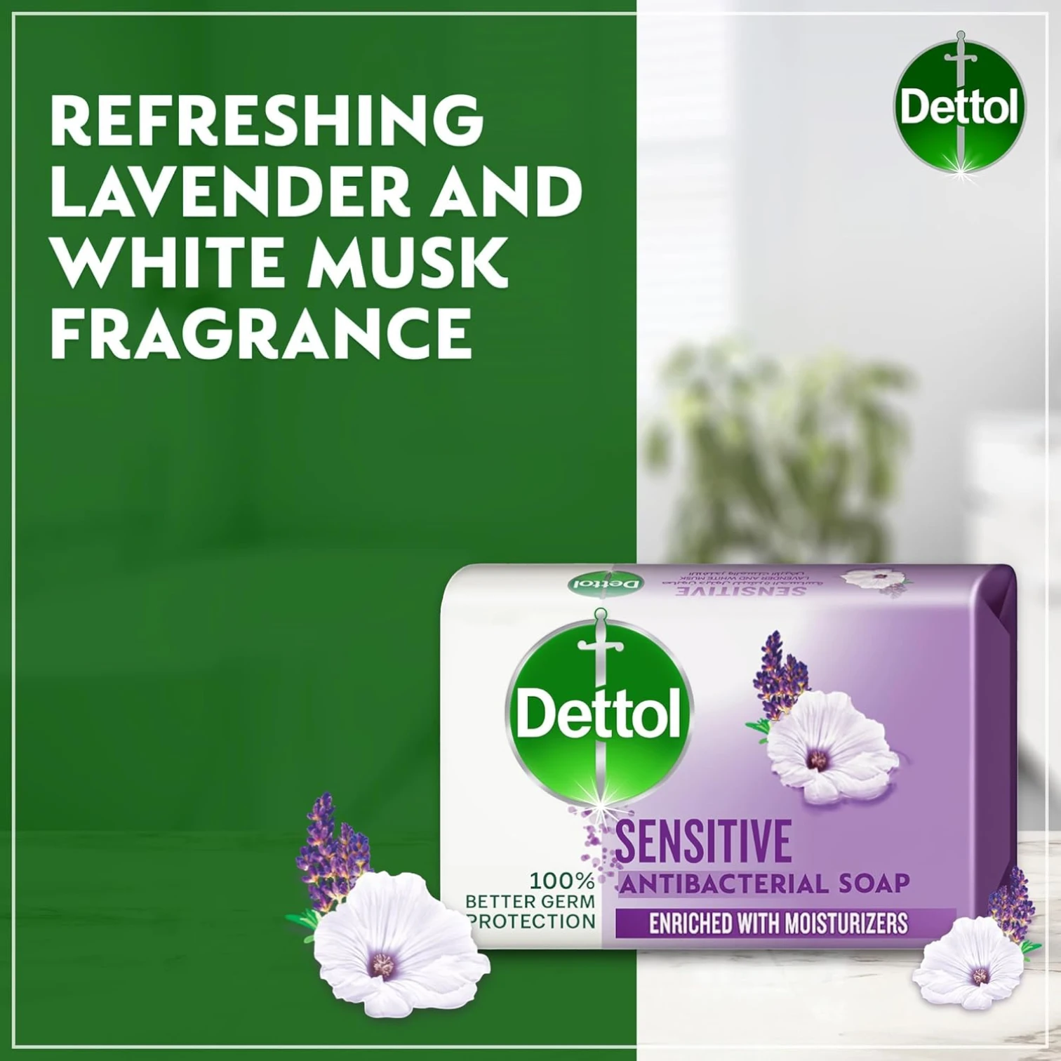 Dettol Sensitive Antibacterial Bathing Soap Bar with Lavender & White Musk 165g x 4 – Enriched with Glycerine – 100% Germ Protection & Skin Moisturization - Damoo