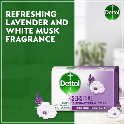 Dettol Sensitive Antibacterial Bathing Soap Bar with Lavender & White Musk 165g x 4 – Enriched with Glycerine – 100% Germ Protection & Skin Moisturization - Damoo