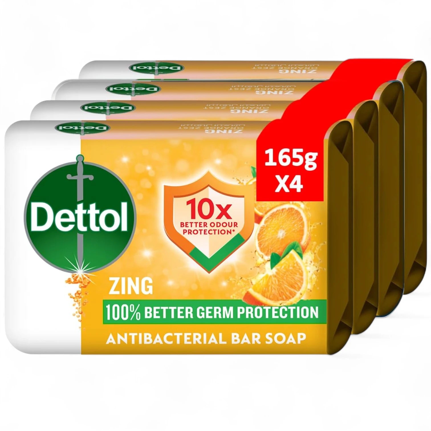 Dettol Zing Antibacterial Bathing Soap Bar 165g x 4 Bars – Refreshing Orange Citrus Scent – 10X Better Odour Protection & 100% Germ Defense – Dermatologically Tested - Damoo