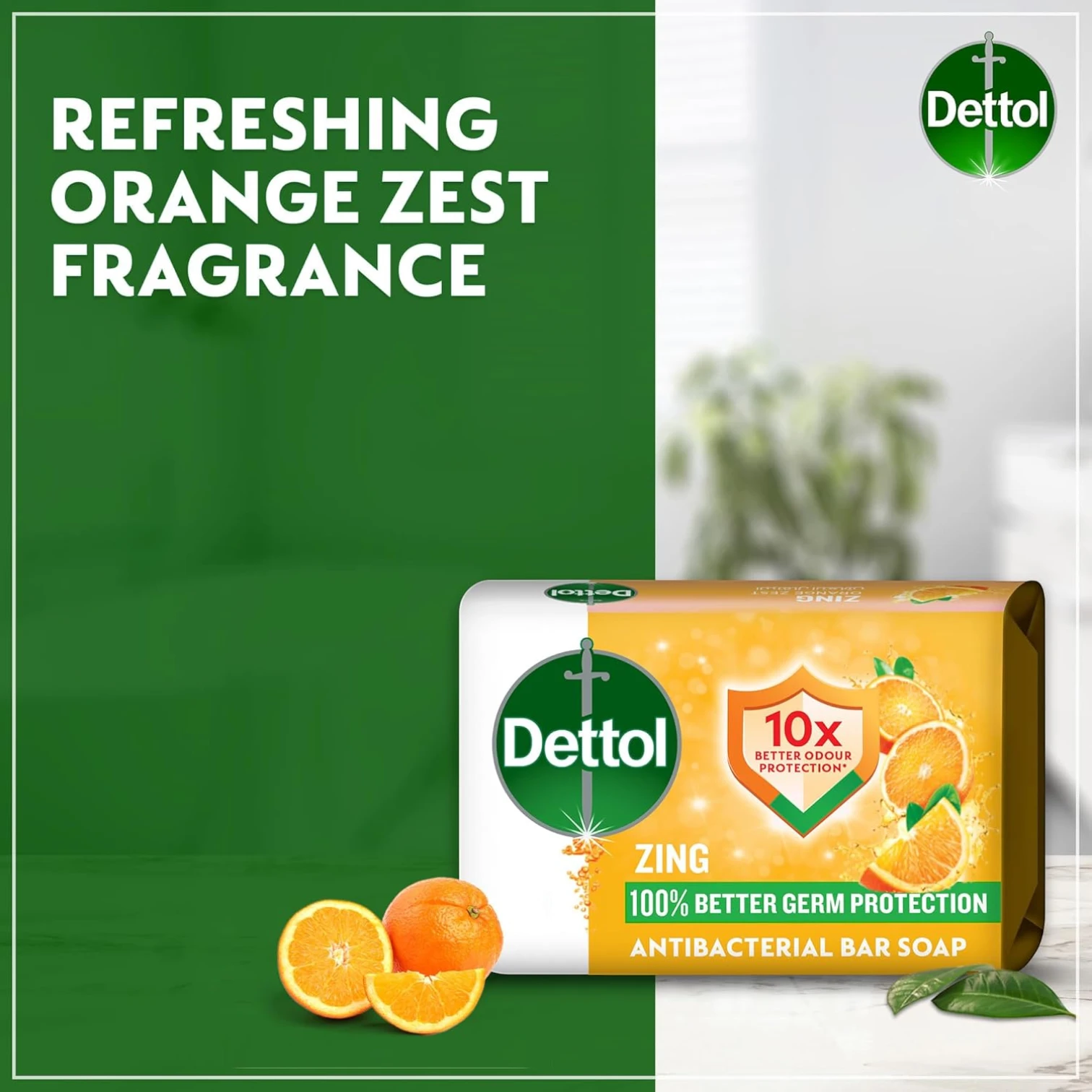 Dettol Zing Antibacterial Bathing Soap Bar 165g x 4 Bars – Refreshing Orange Citrus Scent – 10X Better Odour Protection & 100% Germ Defense – Dermatologically Tested - Damoo