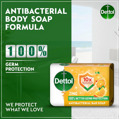 Dettol Zing Antibacterial Bathing Soap Bar 165g x 4 Bars – Refreshing Orange Citrus Scent – 10X Better Odour Protection & 100% Germ Defense – Dermatologically Tested - Damoo