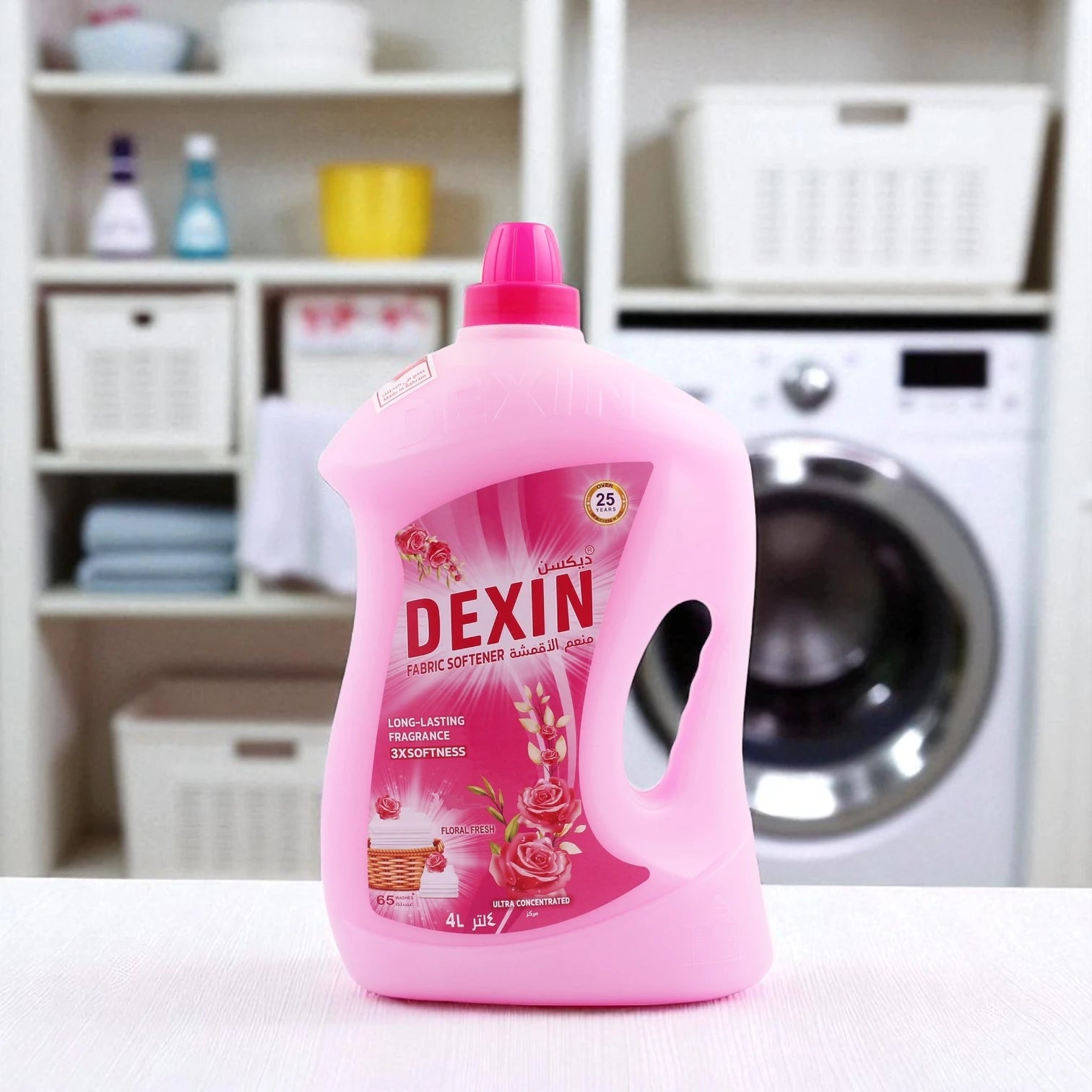 Dexin Fabric Softener Pink – Value Pack 4L – Triple Softness with Long-Lasting Floral Scent – For Machine & Hand Washing – Easy-Pour Bottle with Handle - Damoo