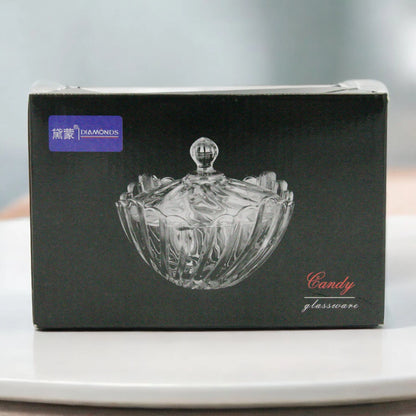 DIAMONDS Elegant Crystal-Style Glass Candy Bowl with Lid –  Decorative Clear Storage Jar for Sweets, Nuts & Decor – Diamond Cut Design - Damoo