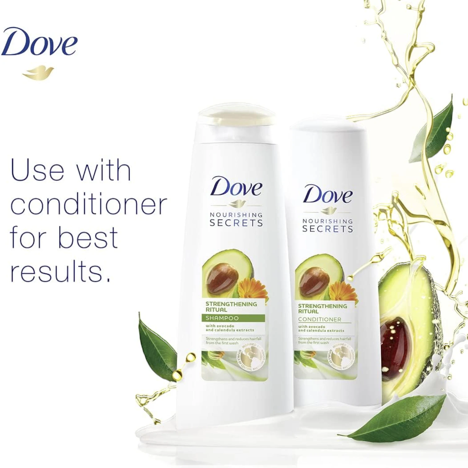 Dove Strengthening Ritual Shampoo & Conditioner Combo – 2 x 400 ml | With Avocado Oil & Calendula Extract | Reduces Hair Fall, Strengthens from Root to Tip | Nourishing Secrets Hair Care Duo - Damoo