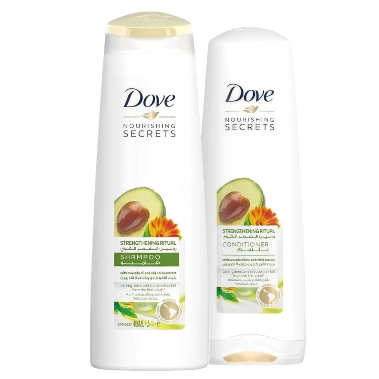 Dove Strengthening Ritual Shampoo & Conditioner Combo – 2 x 400 ml | With Avocado Oil & Calendula Extract | Reduces Hair Fall, Strengthens from Root to Tip | Nourishing Secrets Hair Care Duo - Damoo