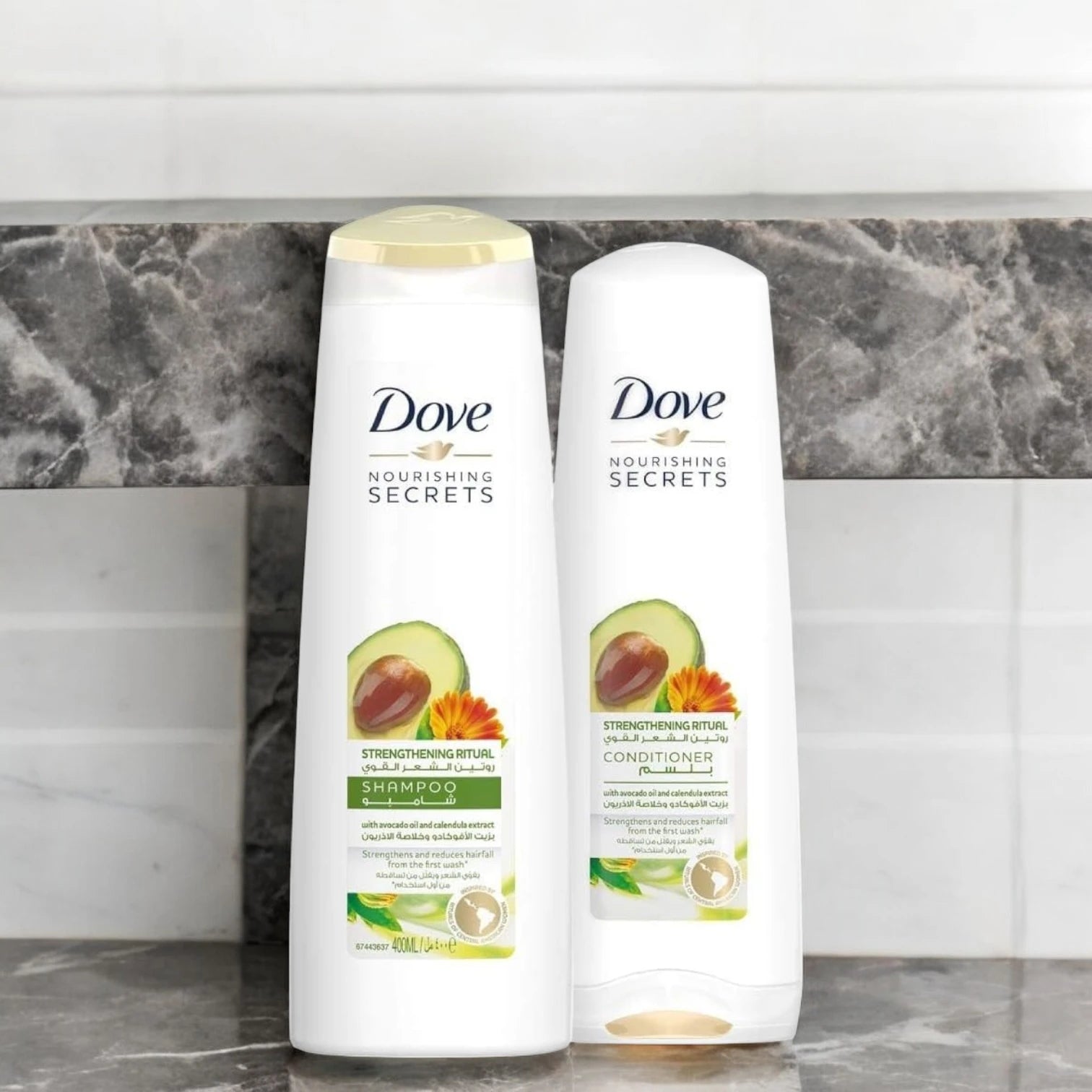 Dove Strengthening Ritual Shampoo & Conditioner Combo – 2 x 400 ml | With Avocado Oil & Calendula Extract | Reduces Hair Fall, Strengthens from Root to Tip | Nourishing Secrets Hair Care Duo - Damoo