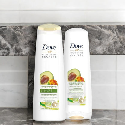 Dove Strengthening Ritual Shampoo & Conditioner Combo – 2 x 400 ml | With Avocado Oil & Calendula Extract | Reduces Hair Fall, Strengthens from Root to Tip | Nourishing Secrets Hair Care Duo - Damoo