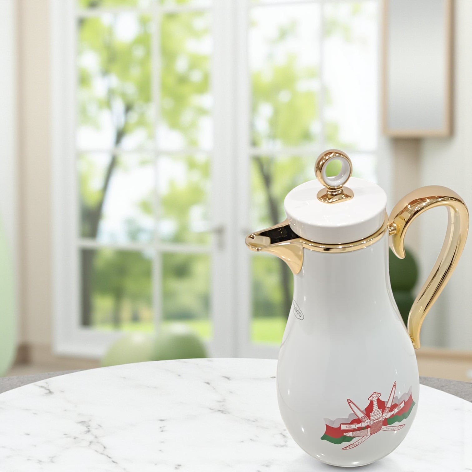 PILSCO with the official Oman Emblem Vacuum Flask Set (1L + 0.7L) – White & Gold Arabic Dallah Style Thermal Jug | Elegant Double Wall Insulated Coffee & Tea Flask Set - Damoo