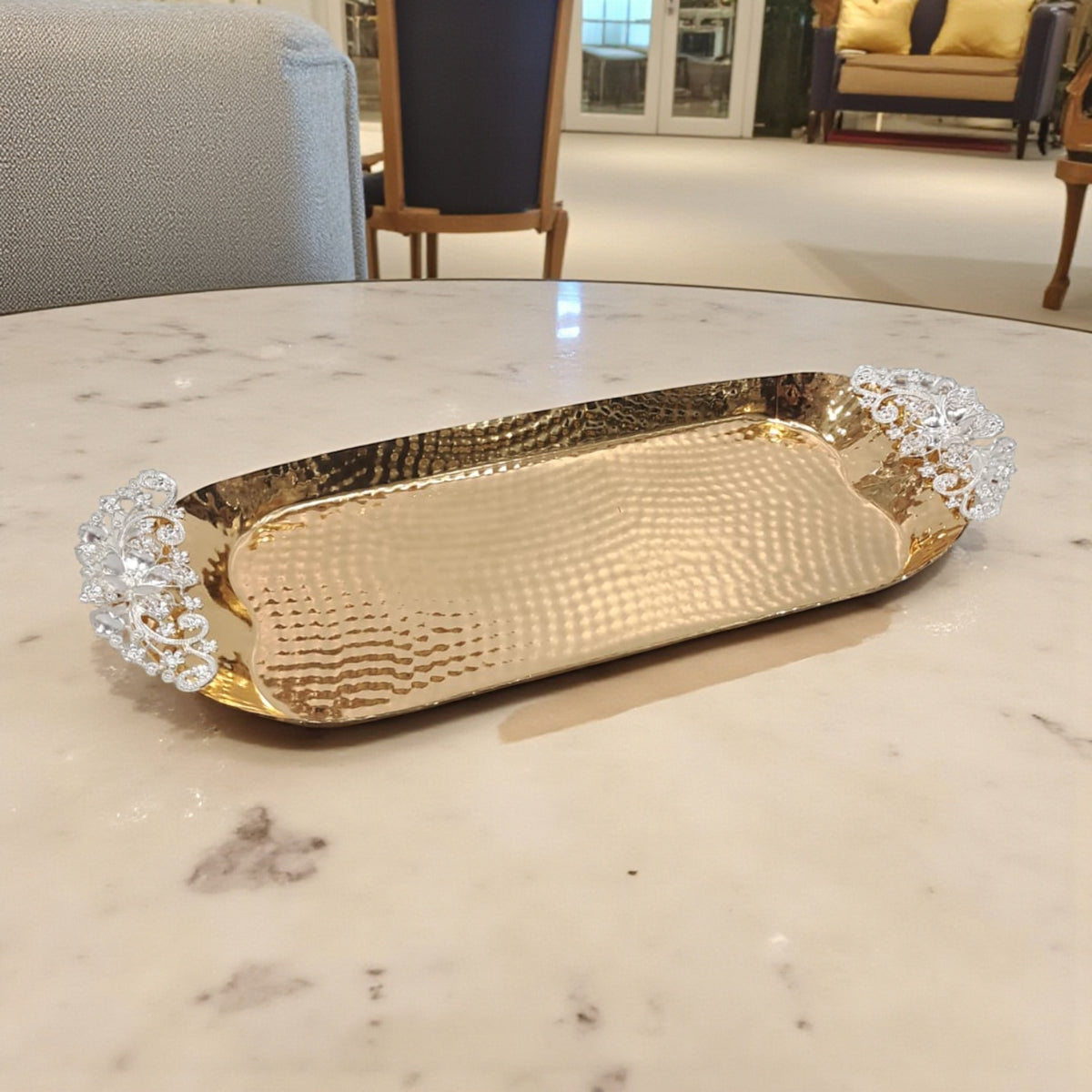 Luxury Rectangular Gold Metal Serving Tray with Decorative Floral Handles – Elegant Table & Event Decor - Damoo