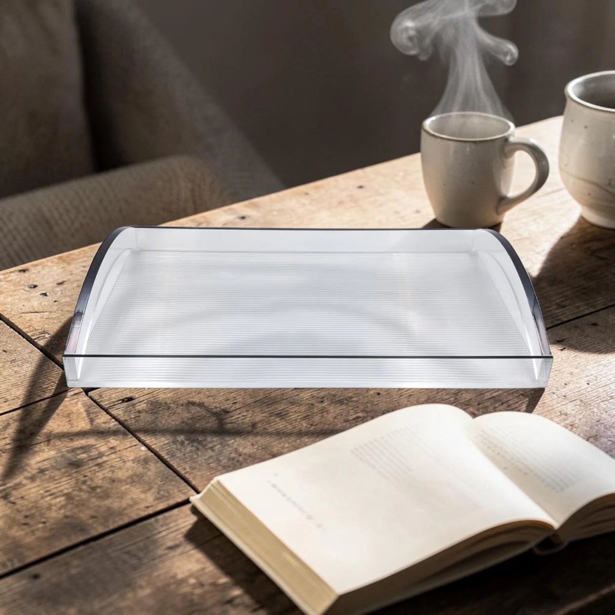 Modern Acrylic Serving Tray with Gold & Silver Handle Design – Clear Rectangular Organizer Tray (7H x 45L x 30W CM) - Damoo