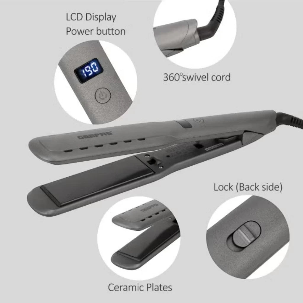 Geepas Wet and Dry Hair Straightener – 230°C Adjustable Temperature, Ceramic Coated Floating Plates, Ionic Function, LCD Display, Steam Release, 360° Swivel Cord & Hanging Loop – For All Hair Types - GHS86050 - Damoo