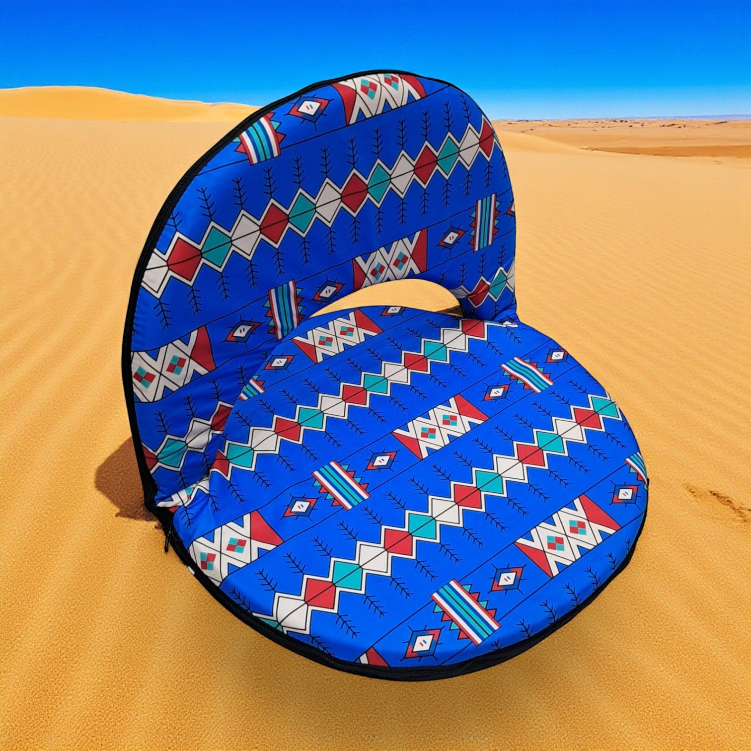 Folding Floor Chair with Backrest – Portable Comfortable Cushion Seat for Gaming, Meditation, Camping & Home Use – Tribal Blue Pattern – W49 x H40 x L53 cm
