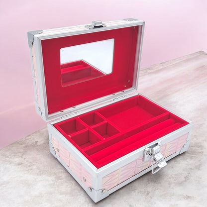 Premium Aluminum Jewelry Storage Box with Mirror & Removable Velvet Organizer – Compact Makeup & Accessories Case (H14cm x W13cm x L18cm) - Damoo