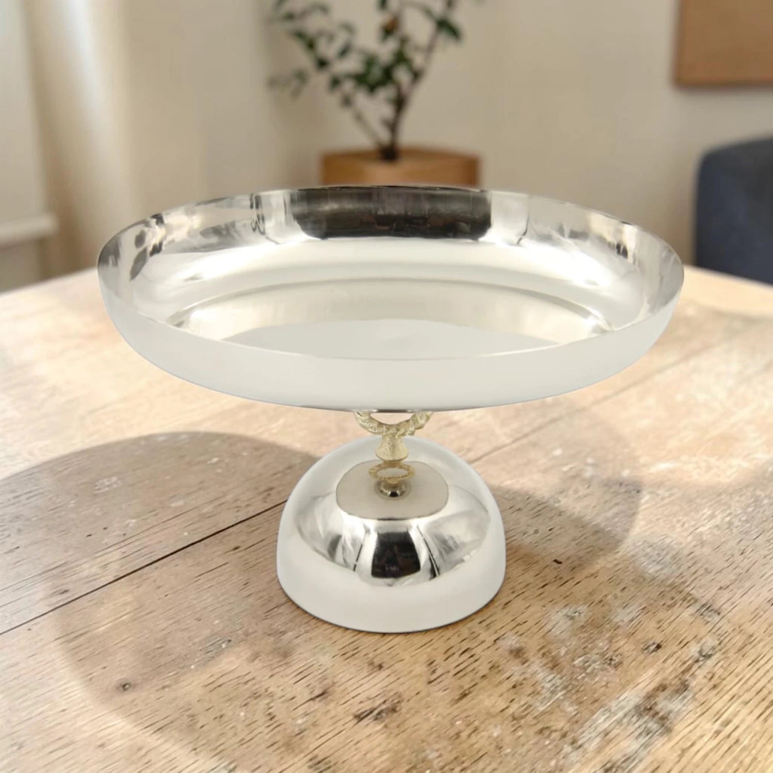 Damoo Oval Metal Serving Tray with Pedestal Base – Elegant Aluminum & Steel Display Stand for Desserts, Fruits & Table Serving (19H x 29.5L x 21W CM) - Damoo