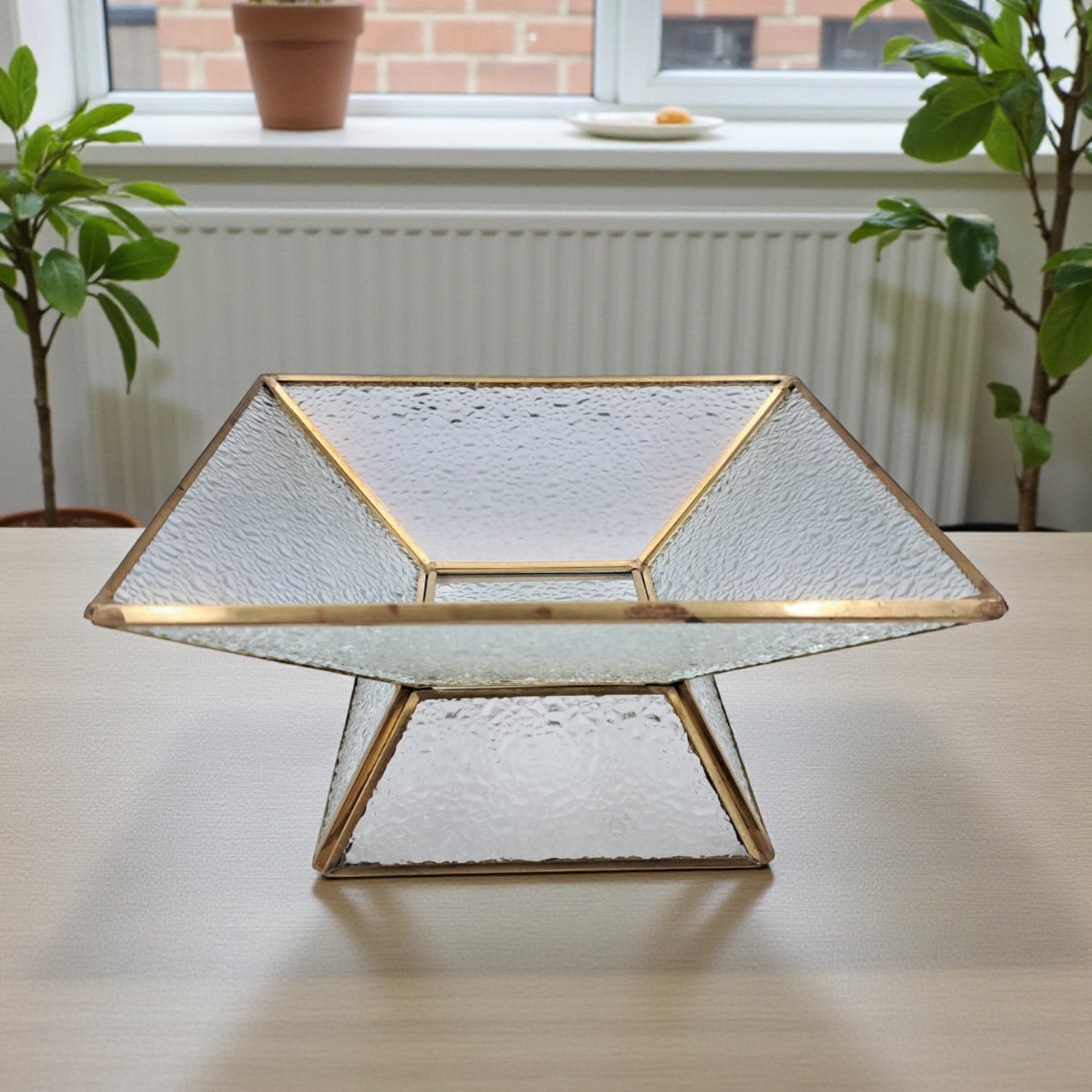 Luxury Square Glass Serving Tray with Golden Edge & Base – Elegant Dessert & Nuts Stand for Home, Parties & Gifting – 18cm