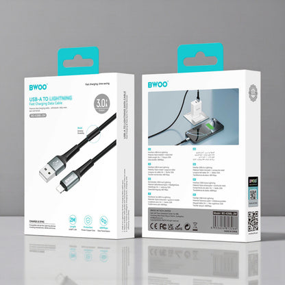 BWOO USB-A to Lightning Fast Charging & Data Cable 2M – Nylon Braided 2.4A High-Speed Transfer with Aluminum Alloy Connectors for iPhone & iPad – Black (BO-X288L-2M)