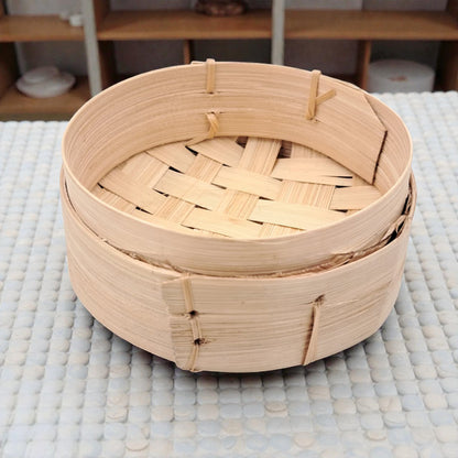 Handwoven Bamboo Steamer Basket with Lid – Natural Wooden Food Steaming Box for Dumplings, Buns & Dim Sum (6.5H x 11W x 11L CM) - Damoo