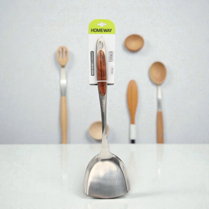 Premium Stainless Steel Kitchen Turner Spatula with Wood-Style Ergonomic Handle – Heavy Duty Cooking & Frying Turner for Pancakes, Eggs, Fish, Burgers & Everyday Use (3H x 10W x 36L CM) - Damoo