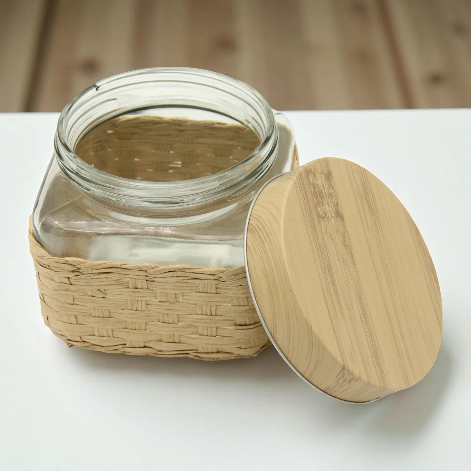Eco-Friendly Glass Storage Jar with Bamboo Lid & Woven Sleeve – Airtight Kitchen Canister for Dry Goods, Spices, or Coffee - Damoo