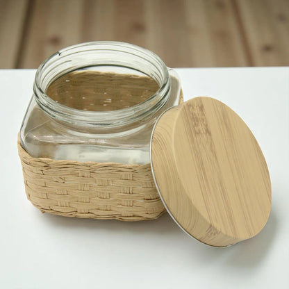 Eco-Friendly Glass Storage Jar with Bamboo Lid & Woven Sleeve – Airtight Kitchen Canister for Dry Goods, Spices, or Coffee - Damoo