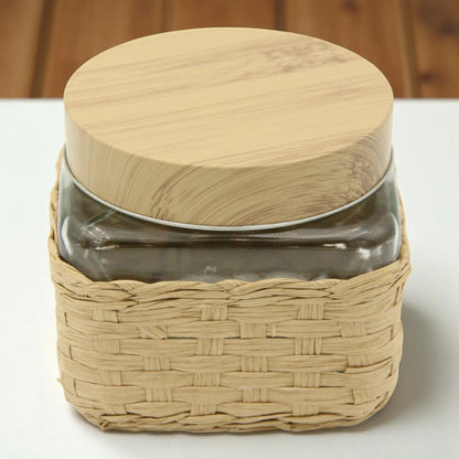 Eco-Friendly Glass Storage Jar with Bamboo Lid & Woven Sleeve – Airtight Kitchen Canister for Dry Goods, Spices, or Coffee - Damoo