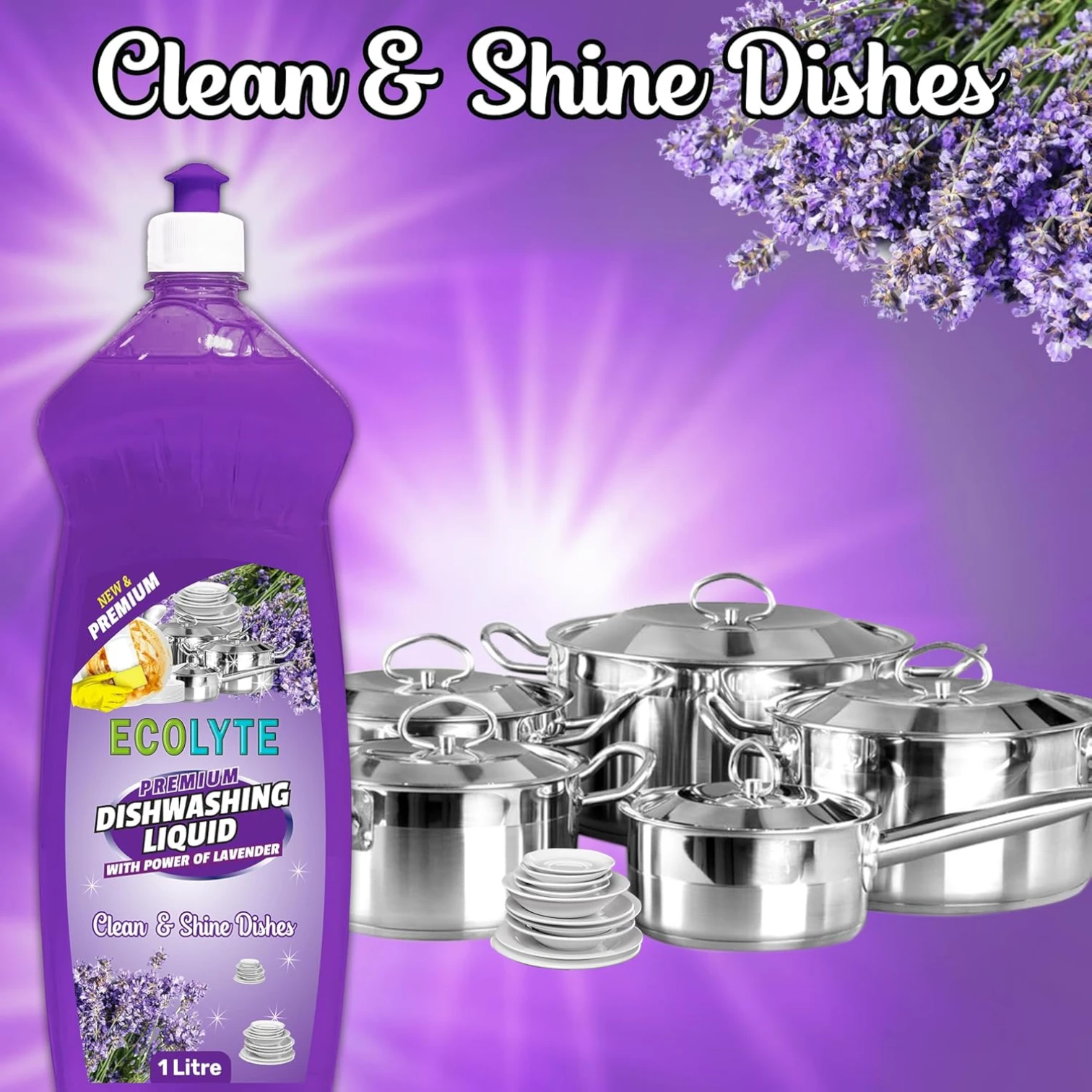 ECOLYTE Platinum Antibacterial Dishwashing Liquid – Pack of 2 (Green Apple & Lavender, 1L Each) | 5+ Action Formula | Grease Remover, No Residue, All-Purpose Kitchen Cleaner - Damoo