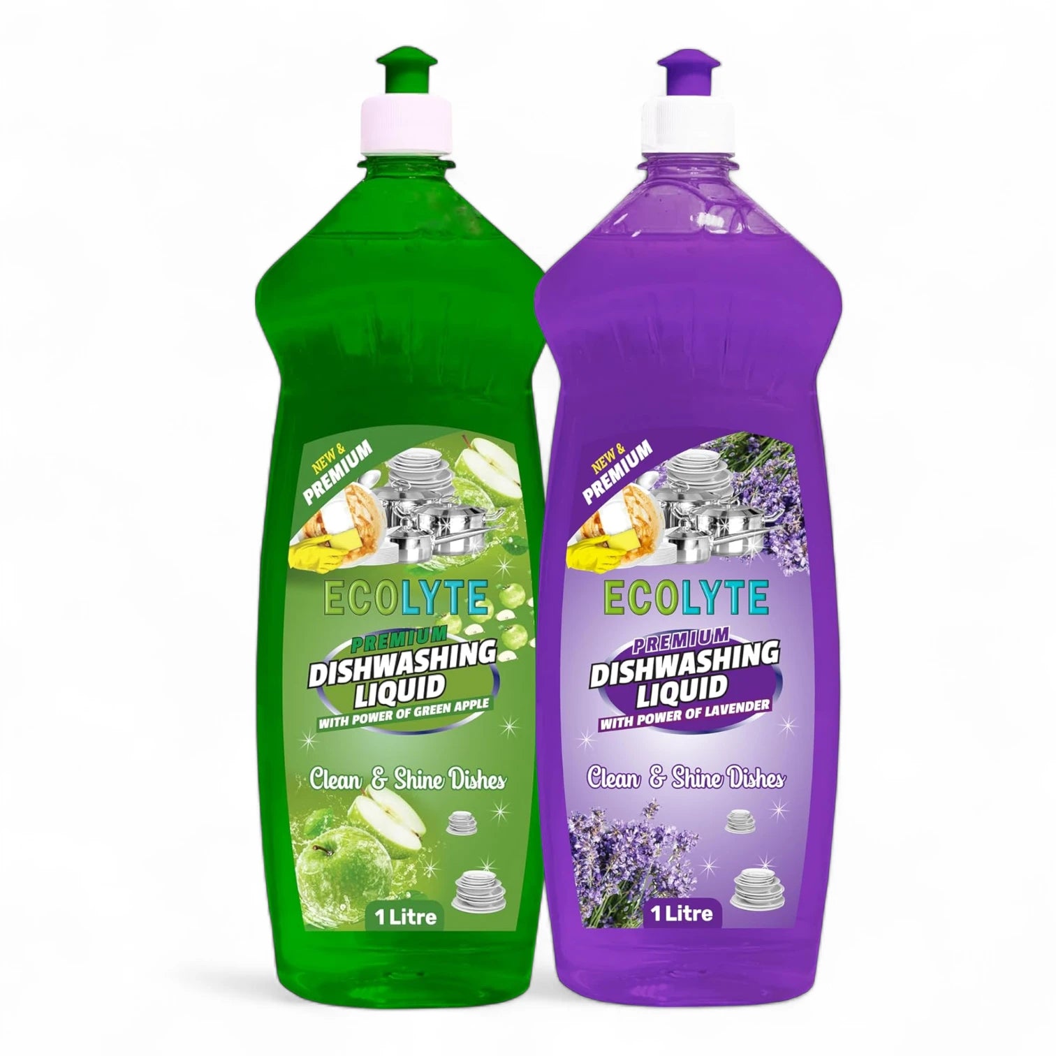 ECOLYTE Platinum Antibacterial Dishwashing Liquid – Pack of 2 (Green Apple & Lavender, 1L Each) | 5+ Action Formula | Grease Remover, No Residue, All-Purpose Kitchen Cleaner - Damoo