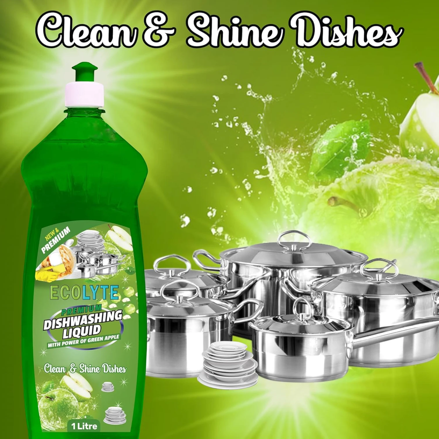 ECOLYTE Platinum Antibacterial Dishwashing Liquid – Pack of 2 (Green Apple & Lavender, 1L Each) | 5+ Action Formula | Grease Remover, No Residue, All-Purpose Kitchen Cleaner - Damoo