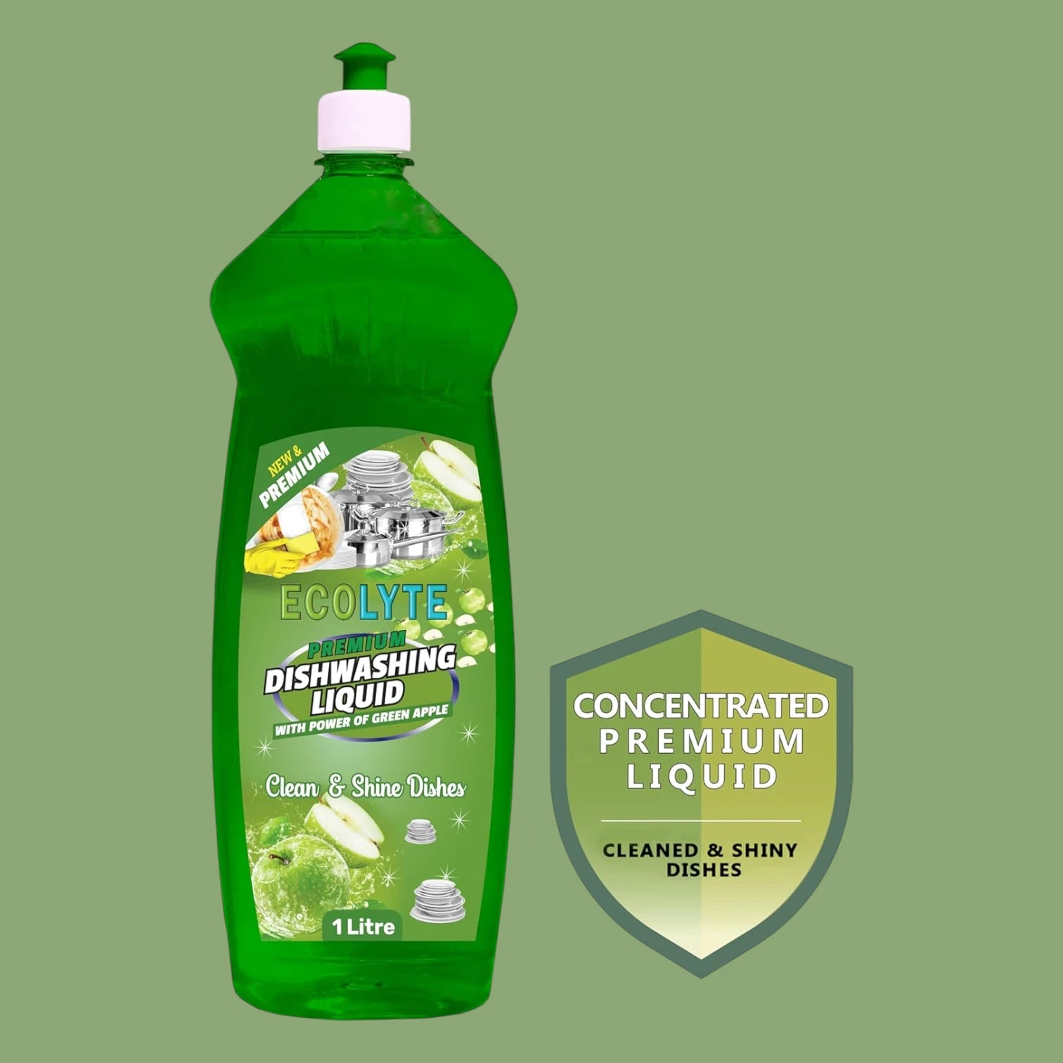 ECOLYTE Platinum Antibacterial Dishwashing Liquid – Pack of 2 (Green Apple & Lavender, 1L Each) | 5+ Action Formula | Grease Remover, No Residue, All-Purpose Kitchen Cleaner - Damoo