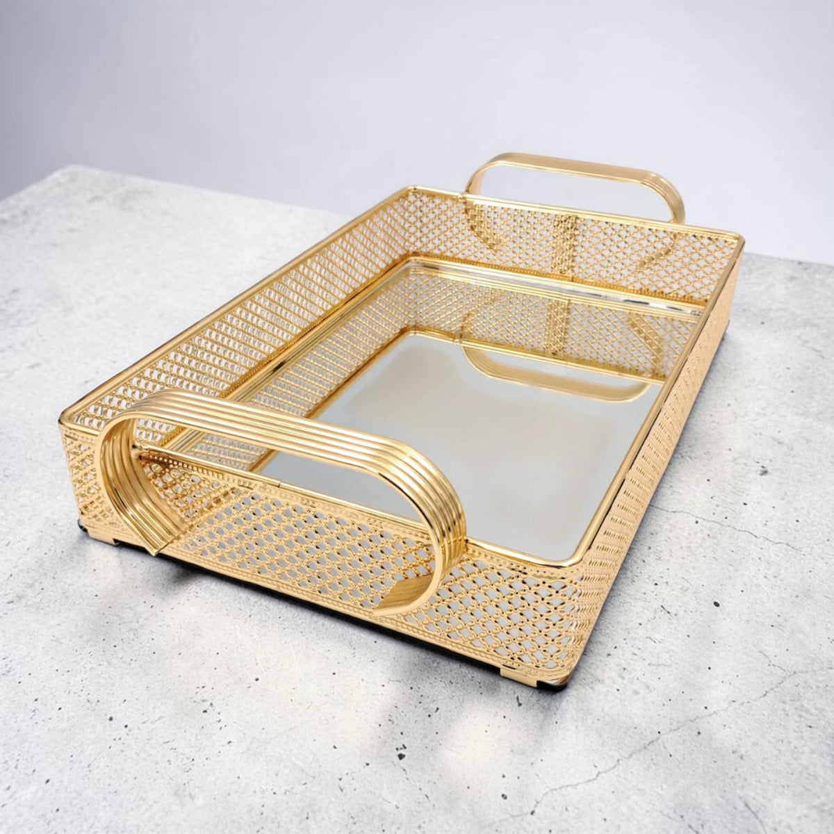 Decorative Glass Luxury Gold Finish Mirror Serving Tray with Handles Rectangular Decorative Vanity Organizer Tray - Damoo