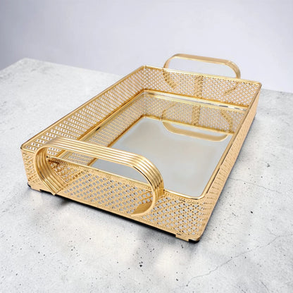 Decorative Glass Luxury Gold Finish Mirror Serving Tray with Handles Rectangular Decorative Vanity Organizer Tray - Damoo