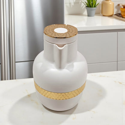 Ansa Original White Vacuum Flask 1L – Luxury Gold & Silver Band Thermos | Premium Insulated Glass Liner | 12H Heat Retention | Arabic Coffee & Tea Pot - Damoo