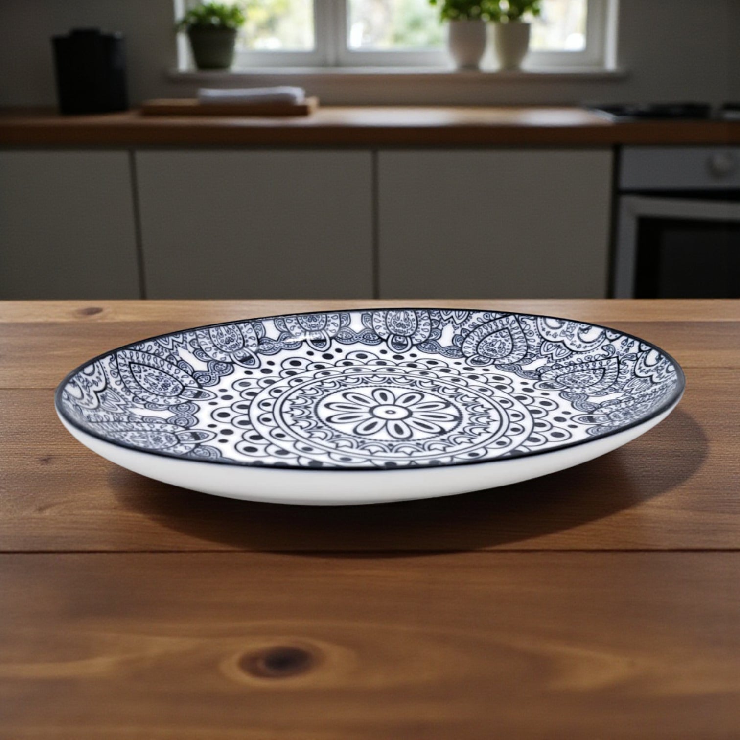 Ceramic Oval Bowl 20 cm – Blue Arabesque Pattern | Glazed Porcelain Serving Bowl for Snacks, Desserts, Nuts & Side Dishes | Microwave & Dishwasher Safe