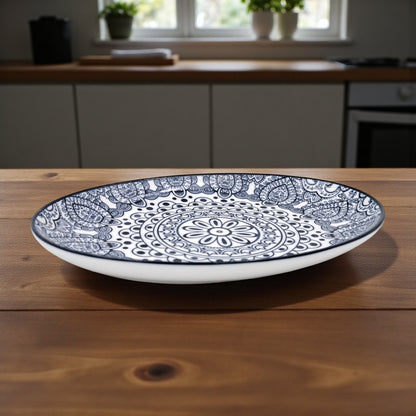Ceramic Oval Bowl 20 cm – Blue Arabesque Pattern | Glazed Porcelain Serving Bowl for Snacks, Desserts, Nuts & Side Dishes | Microwave & Dishwasher Safe
