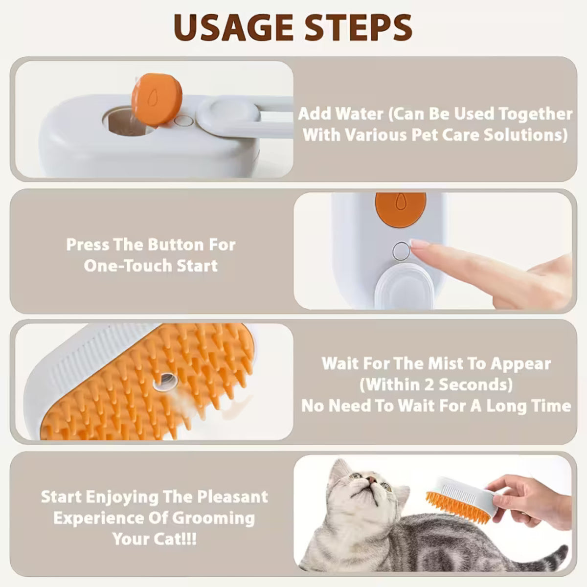 3-in-1 Cat Steam Brush – USB Rechargeable Pet Grooming Brush with Steam, Massage & Hair Removal Functions | Soft Round Comb Teeth, Safe for Cats & Dogs, Anti-Static, Portable Design for Home or Travel - Damoo