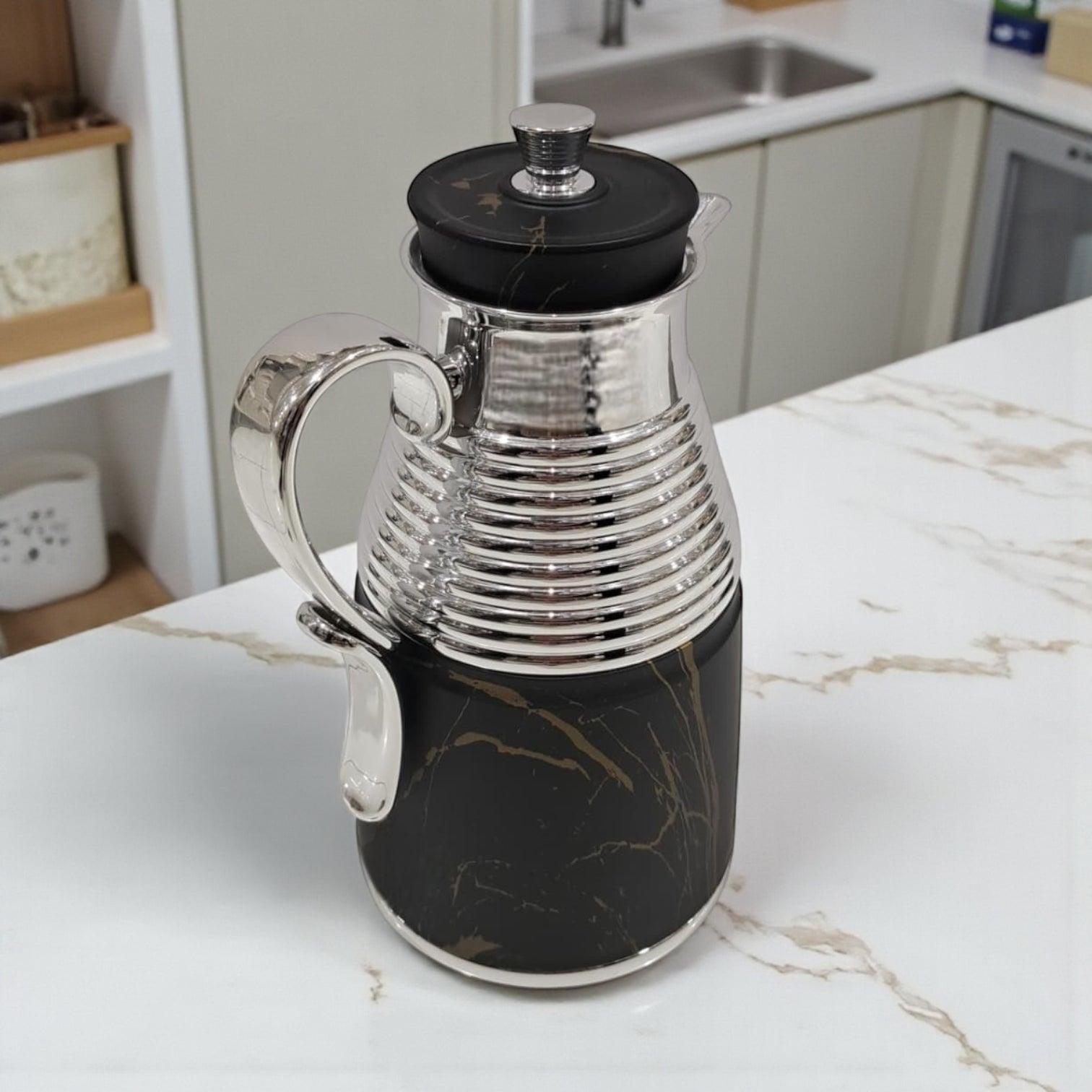 GERMAX Original Black Marble Vacuum Flask 1L – Luxury Gold & Silver Thermos | Premium Glass Liner | 12H Heat Retention | Arabic Coffee & Tea Pot | High-Gloss Metal Finish - Damoo