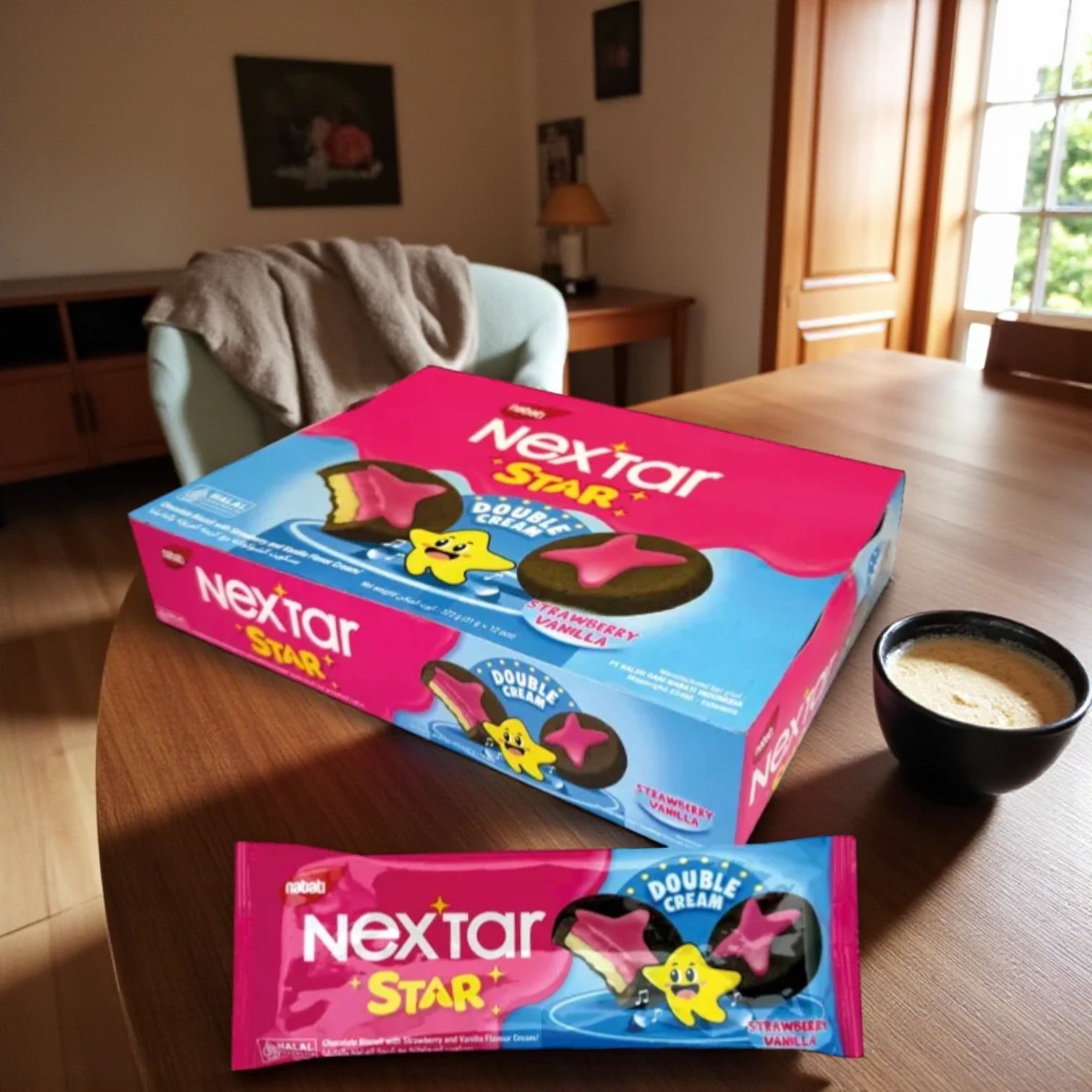 Nabati Nextar Star Chocolate Biscuits – 12 Packs x 31g (372g Total) | Double Cream Strawberry & Vanilla Filling | Fun Star-Shaped Cookies for Kids & Adults - Damoo