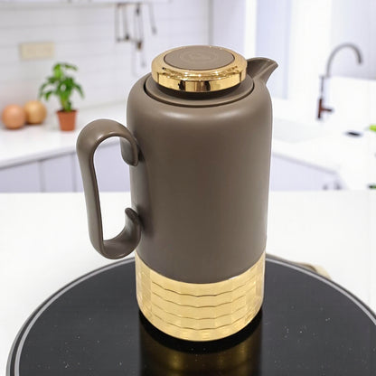 GERMAX Original Modern Matte Vacuum Flask 1L – Premium Gold & Silver Base Thermos | Double-Wall Insulated | 12H Heat / 24H Cold | Arabic Coffee & Tea Pot - Damoo