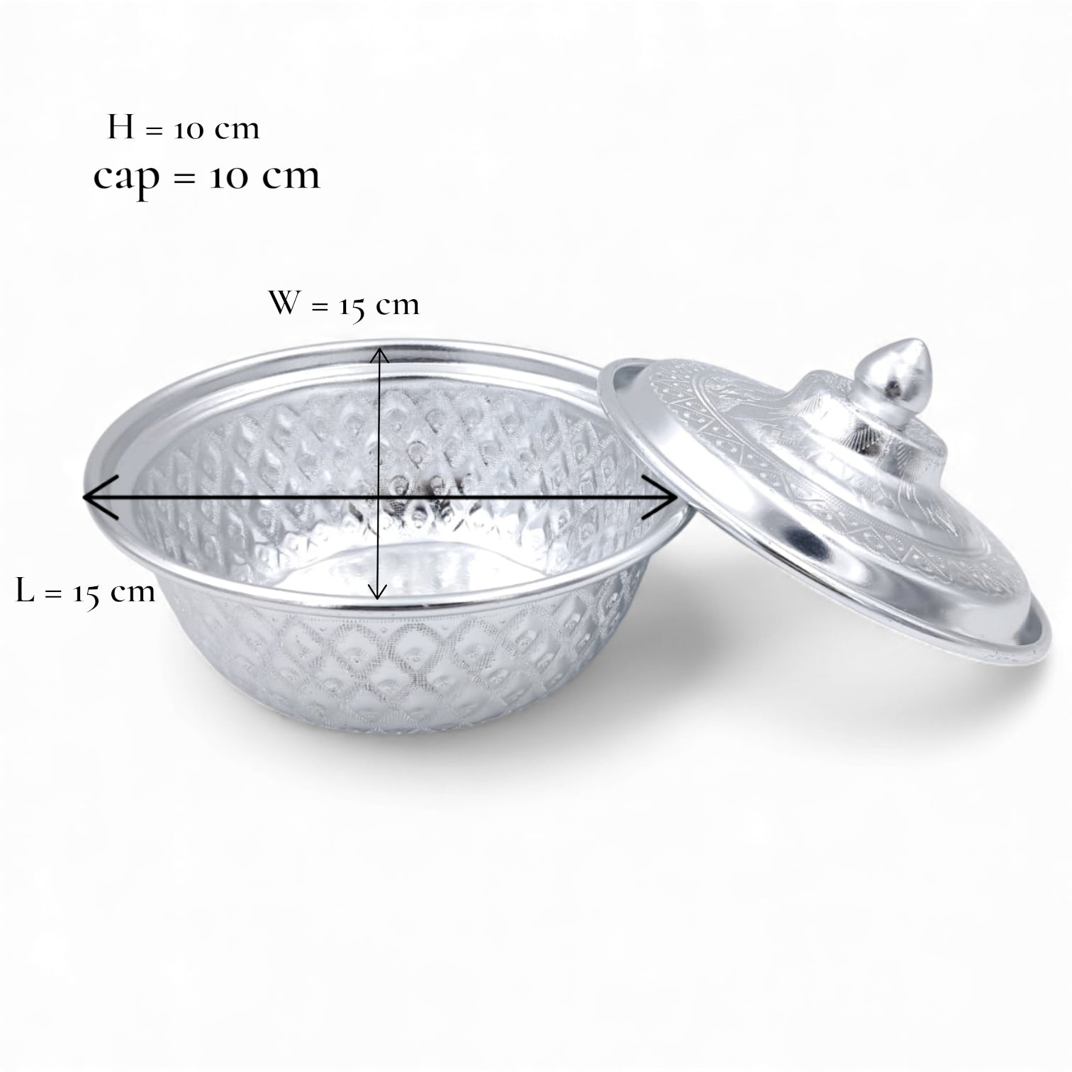 وعاء تقديم فاخر من الألومنيوم المنقوش مع غطاء - 15 سم، وعاء تقليدي لتخزين الأطعمة الساخنة وأدوات المائدة - مقاوم للحرارة بتصميم شرق أوسطي للأرز والكاري والحساء والتمر والحلويات - خفيف الوزن ومتين 