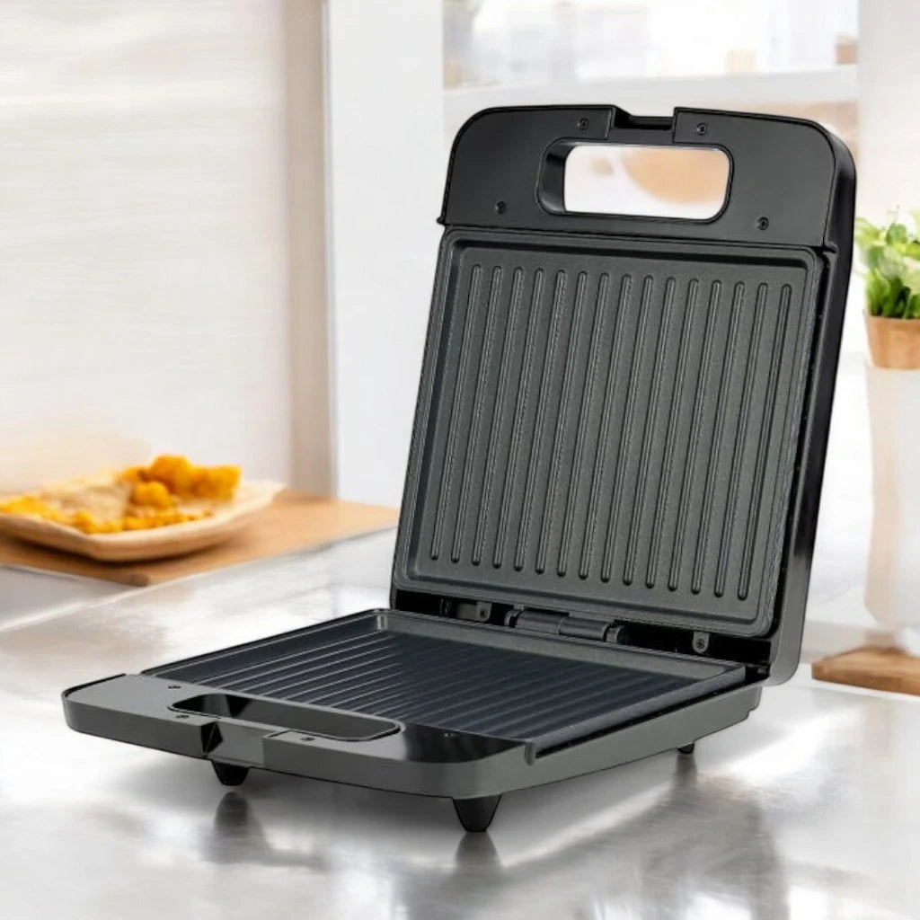 Geepas 4-Slice Electric Grill Maker GGT671 with Non-Stick Cooking Plates, 1400W , Cool Touch Handle, Power &amp; Ready Indicator, Thermostat Control &amp; Upright Storage – Stainless Steel Black Panini Press - Damoo