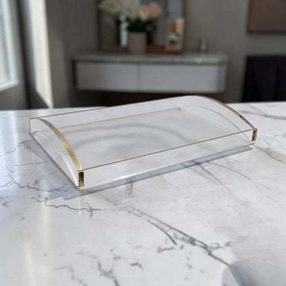 Modern Acrylic Serving Tray with Gold & Silver Arc Handles – Clear Ribbed Organizer Tray (6H x 40L x 27W CM) - Damoo